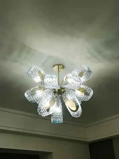Modern blue glass led pendant lamps dining room gold petal chandelier