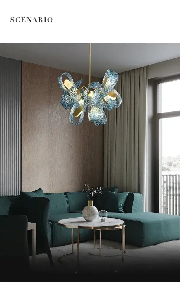 Modern blue glass led pendant lamps dining room gold petal chandelier
