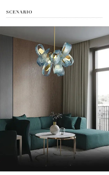 Modern blue glass led pendant lamps dining room gold petal chandelier