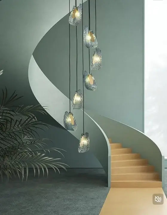 Modern blue glass led pendant lamps dining room gold petal chandelier