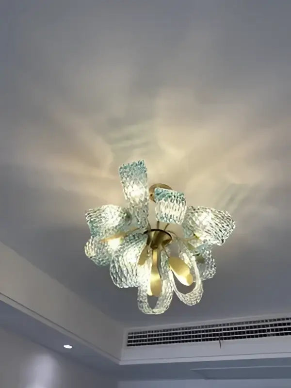 Modern blue glass led pendant lamps dining room gold petal chandelier
