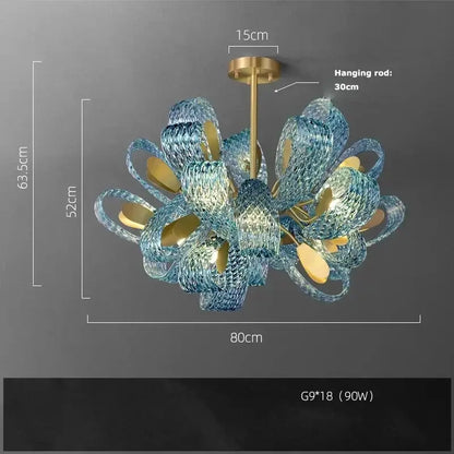 Modern blue glass led pendant lamps dining room gold petal chandelier