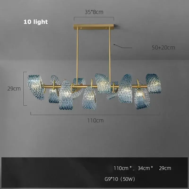 Modern blue glass led pendant lamps dining room gold petal chandelier