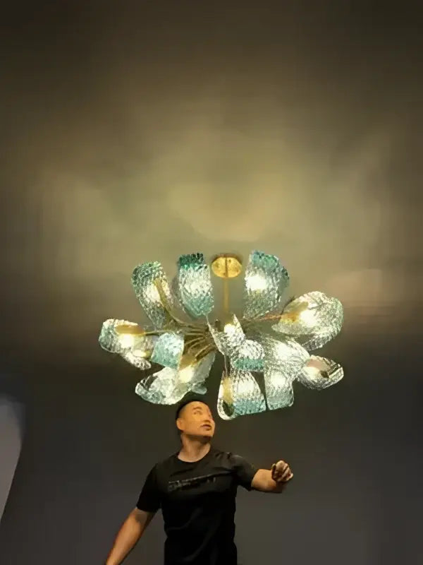 Modern blue glass led pendant lamps dining room gold petal chandelier