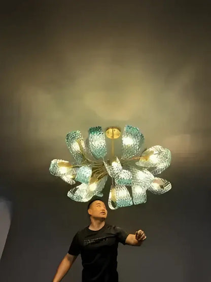 Modern blue glass led pendant lamps dining room gold petal chandelier