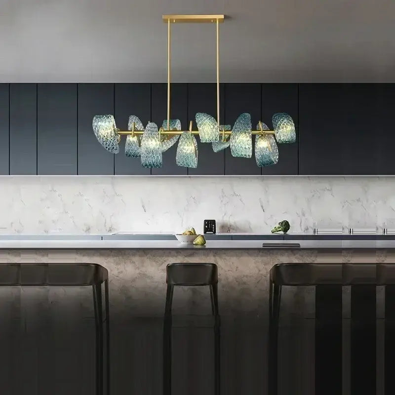 Modern blue glass led pendant lamps dining room gold petal chandelier