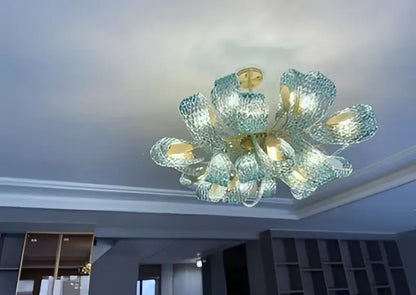 Modern blue glass led pendant lamps dining room gold petal chandelier