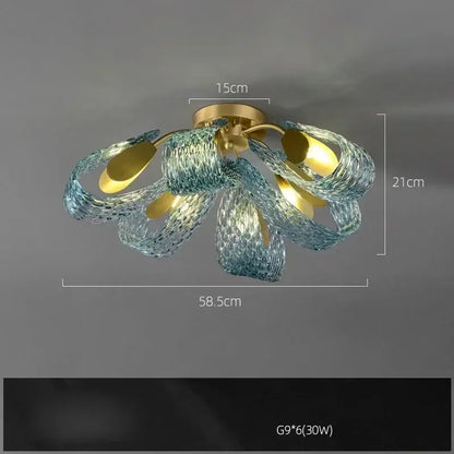 Modern blue glass led pendant lamps dining room gold petal chandelier