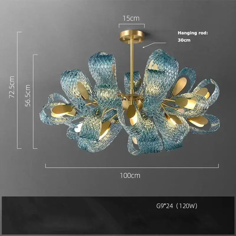 Modern blue glass led pendant lamps dining room gold petal chandelier