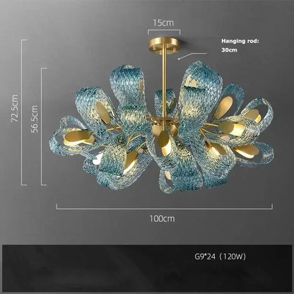 Modern blue glass led pendant lamps dining room gold petal chandelier