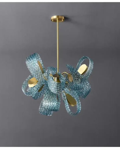 Modern blue glass led pendant lamps dining room gold petal chandelier