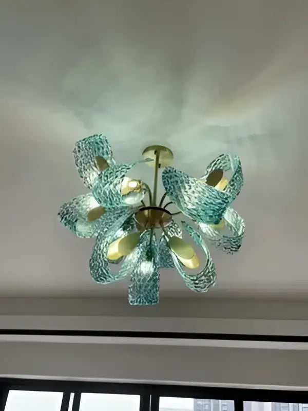Modern blue glass led pendant lamps dining room gold petal chandelier