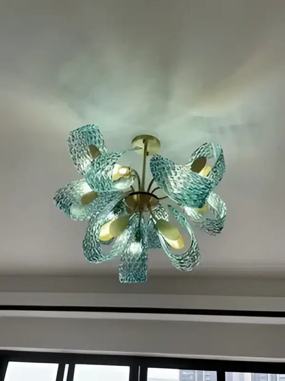 Modern blue glass led pendant lamps dining room gold petal chandelier