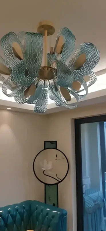 Modern blue glass led pendant lamps dining room gold petal chandelier