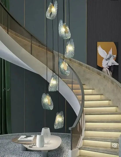 Modern blue glass led pendant lamps dining room gold petal chandelier