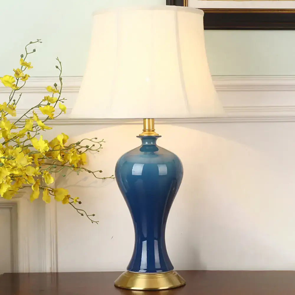 Blue pottery ceramic table lamp with empire shade night light bedroom