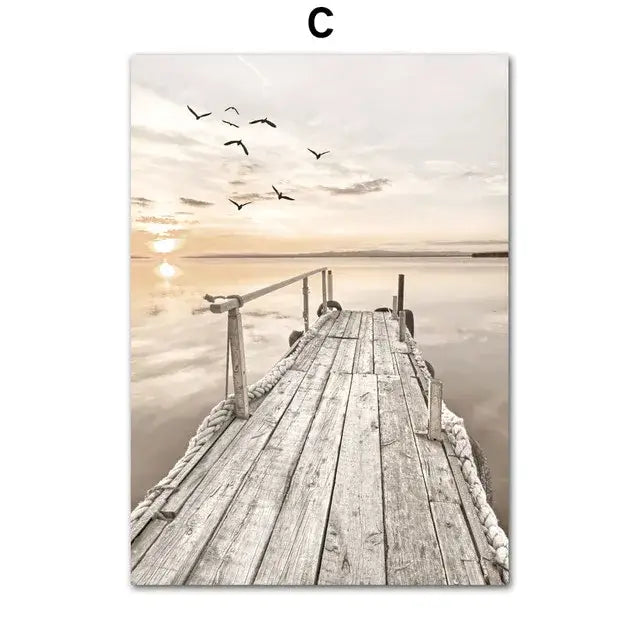 Bohemian beach landscape wall art – living room beige pampas decor