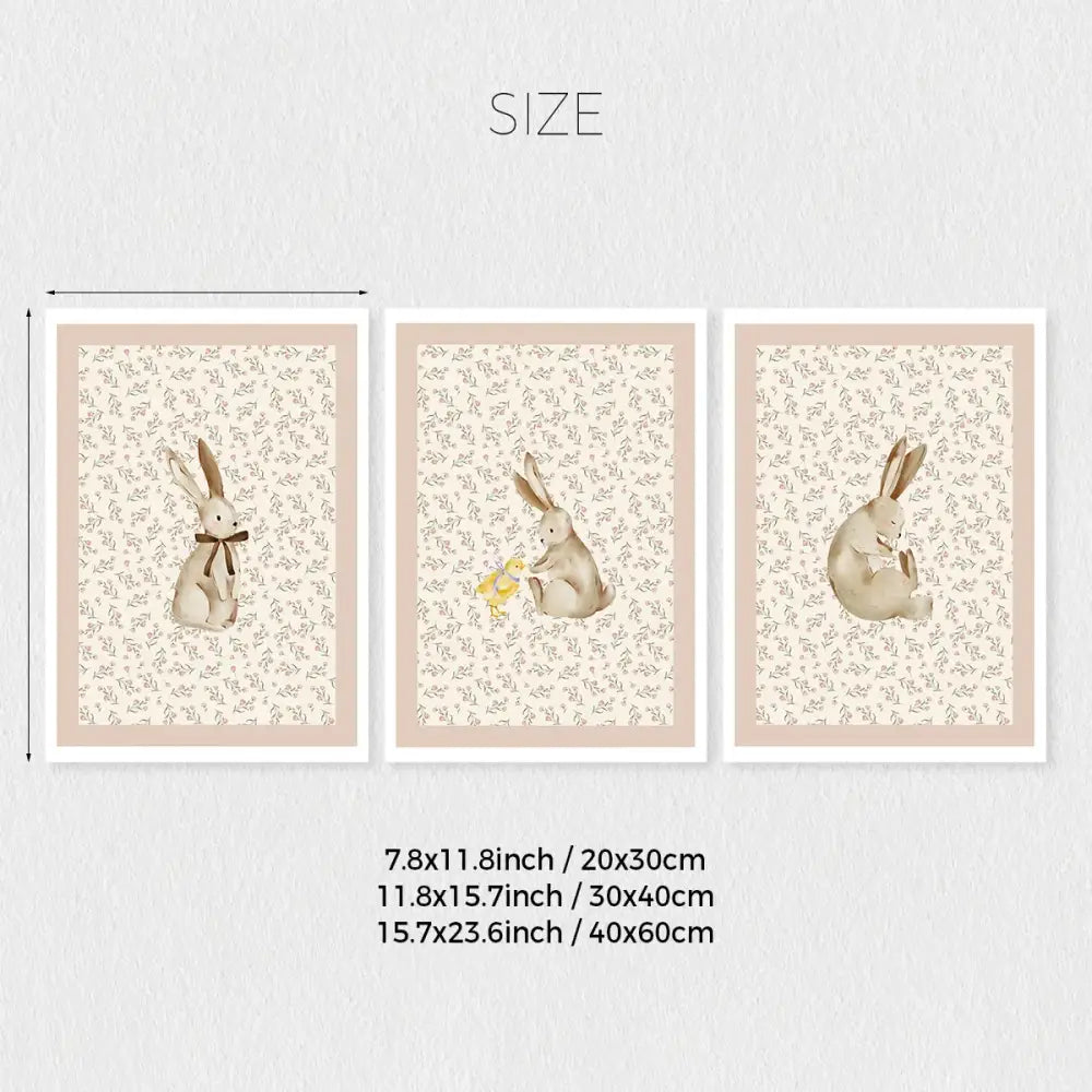 Bohemian beige & cream rabbit wall art set – nursery framed prints