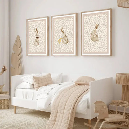 Bohemian beige & cream rabbit wall art set – nursery framed prints