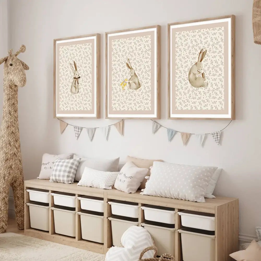 Bohemian beige & cream rabbit wall art set – nursery framed prints