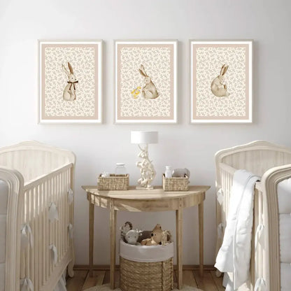Bohemian beige & cream rabbit wall art set – nursery framed prints