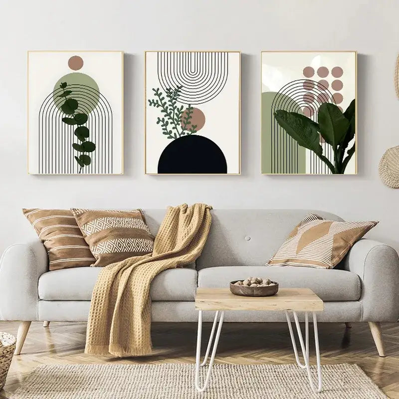 Bohemian green leaves framed wall art trio – living room decor
