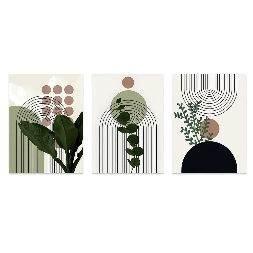 Bohemian green leaves framed wall art trio – living room decor