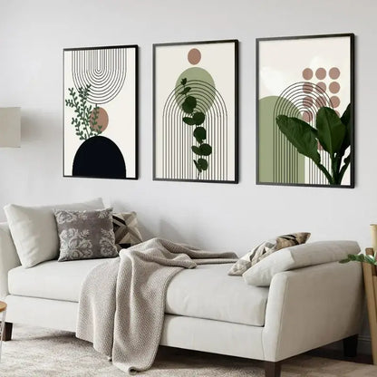 Bohemian green leaves framed wall art trio – living room decor