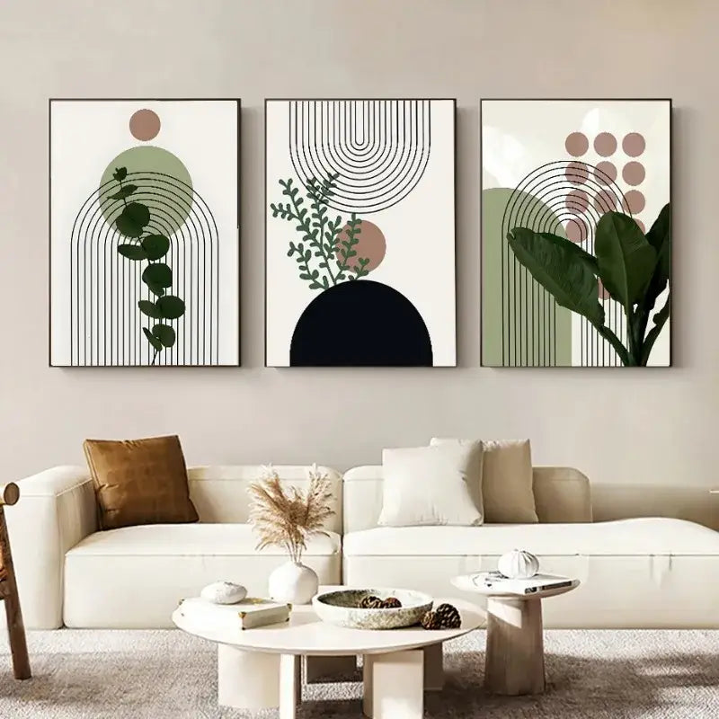 Bohemian green leaves framed wall art trio – living room decor