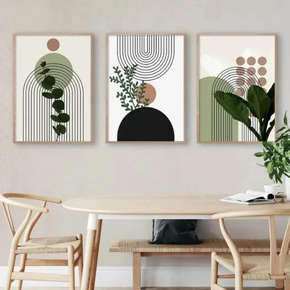 Bohemian green leaves framed wall art trio – living room decor