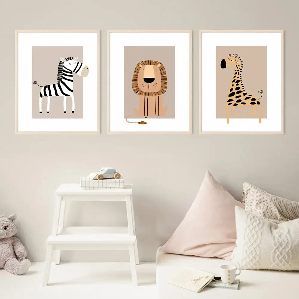 Bohemian minimalist animal forest art canvas set – toddler room