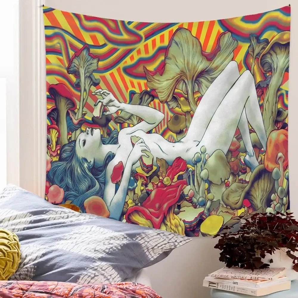 bohemian tapestry rainbow mushroom bedroom wall hanging