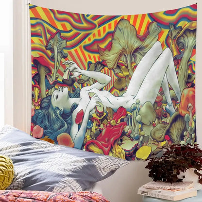 bohemian tapestry rainbow mushroom bedroom wall hanging
