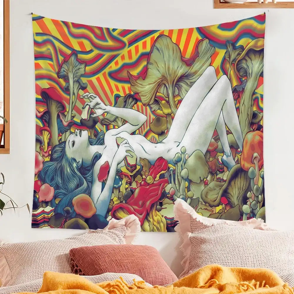 bohemian tapestry rainbow mushroom bedroom wall hanging