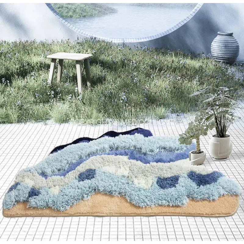 boho chic mossy rug blue & beige bath mat for bedroom