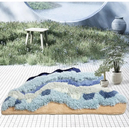 boho chic mossy rug blue & beige bath mat for bedroom