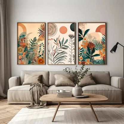 Boho floral orange & green canvas art set bedroom wall decor
