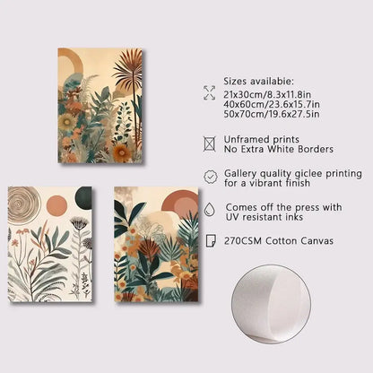 Boho floral orange & green canvas art set bedroom wall decor