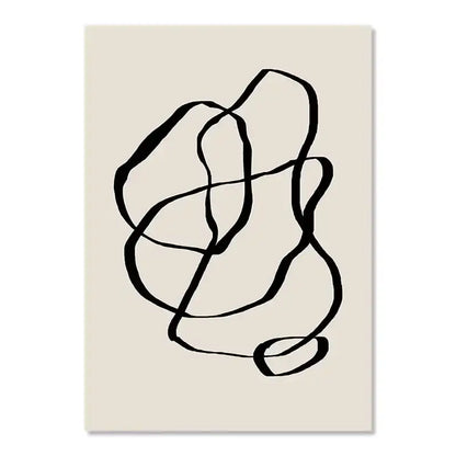 Boho geometric line black & white framed canvas set living room wall art