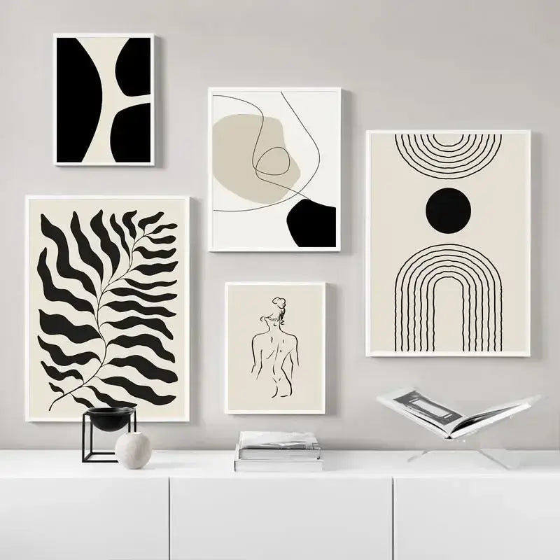 Boho geometric line black & white framed canvas set living room wall art
