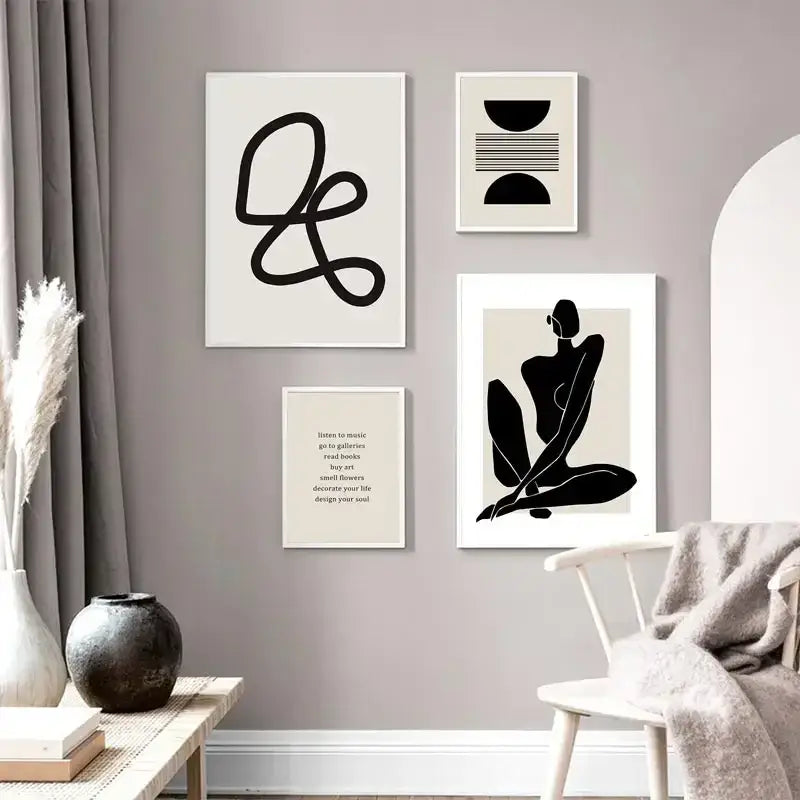 Boho geometric line black & white framed canvas set living room wall art
