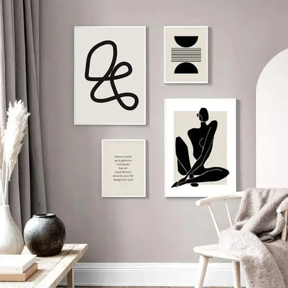 Boho geometric line black & white framed canvas set living room wall art