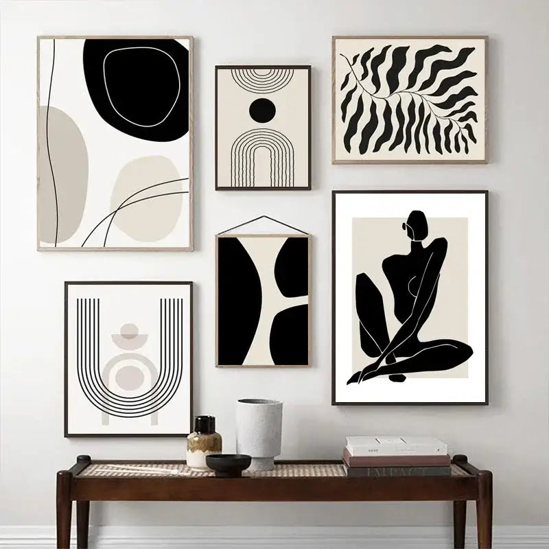 Boho geometric line black & white framed canvas set living room wall art