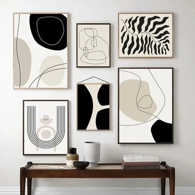Boho geometric line black & white framed canvas set living room wall art