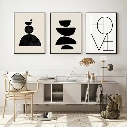 Boho geometric line black & white framed canvas set living room wall art