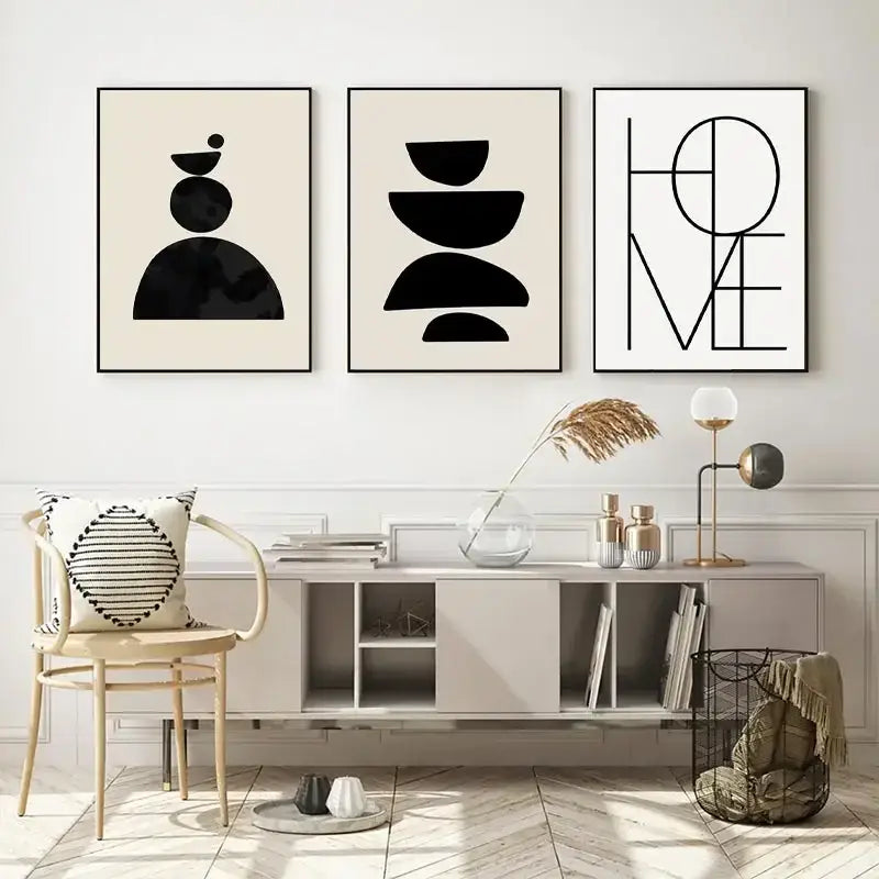 Boho geometric line black & white framed canvas set living room wall art