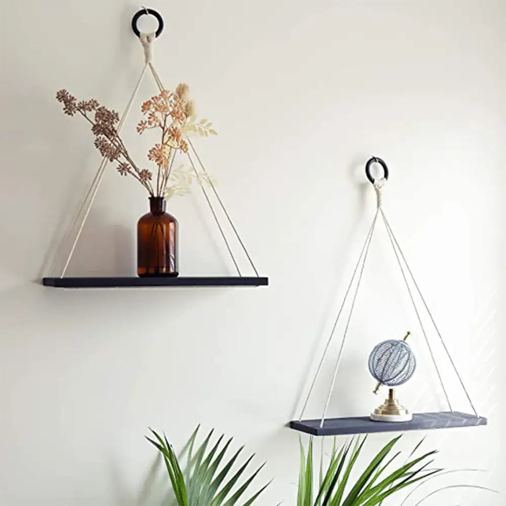 Boho macrame hanging shelf – living room natural wood decor