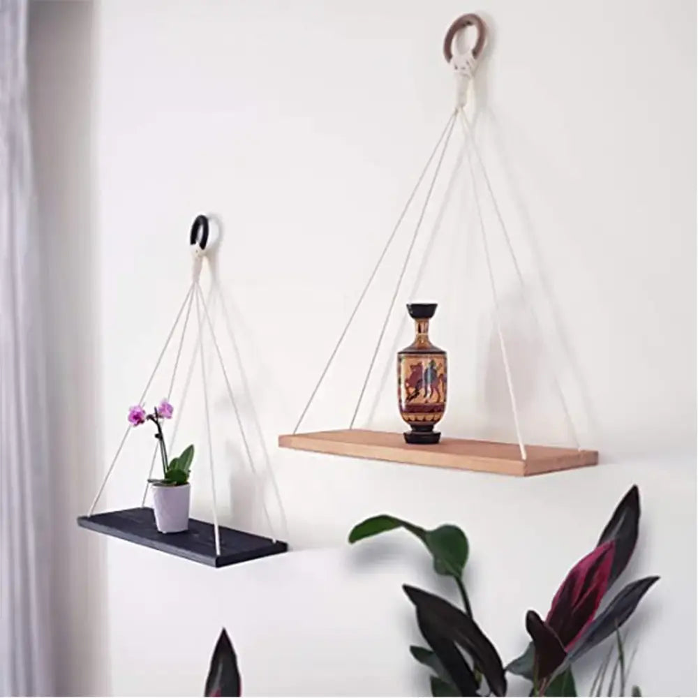 Boho macrame hanging shelf – living room natural wood decor