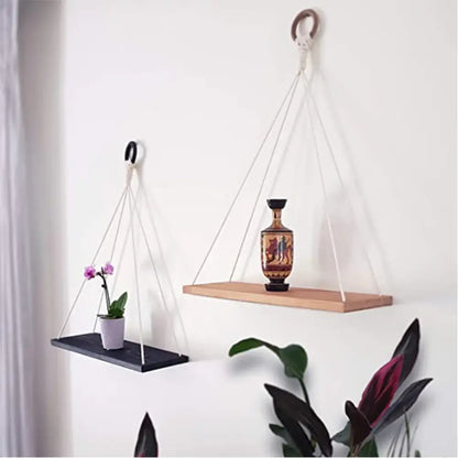 Boho macrame hanging shelf – living room natural wood decor
