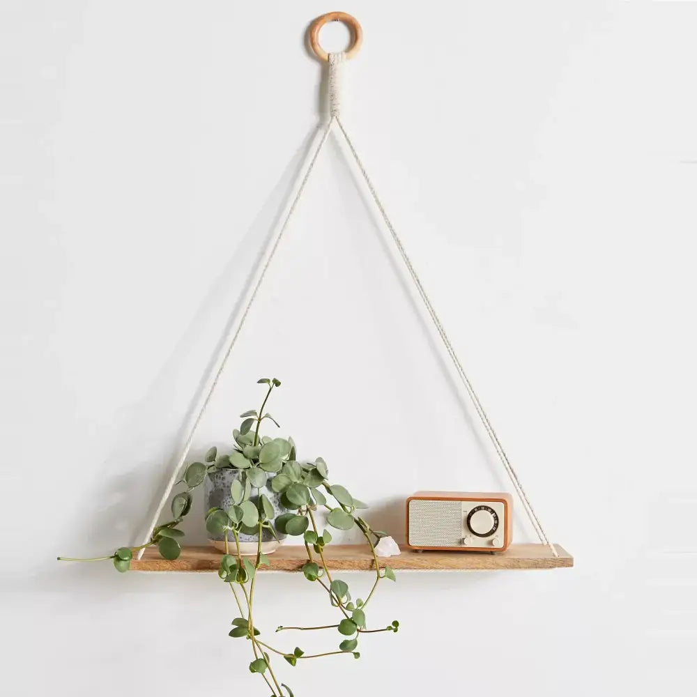 Boho macrame hanging shelf – living room natural wood decor